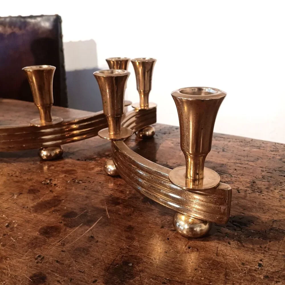 Pair of Vintage Dirilyte Model 915 Curved Brass Candelabras Art Deco MCM Gold